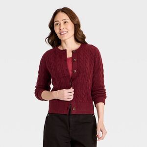 Women's Heritage Cable Crewneck Cardigan - Universal Thread Berry Red XL